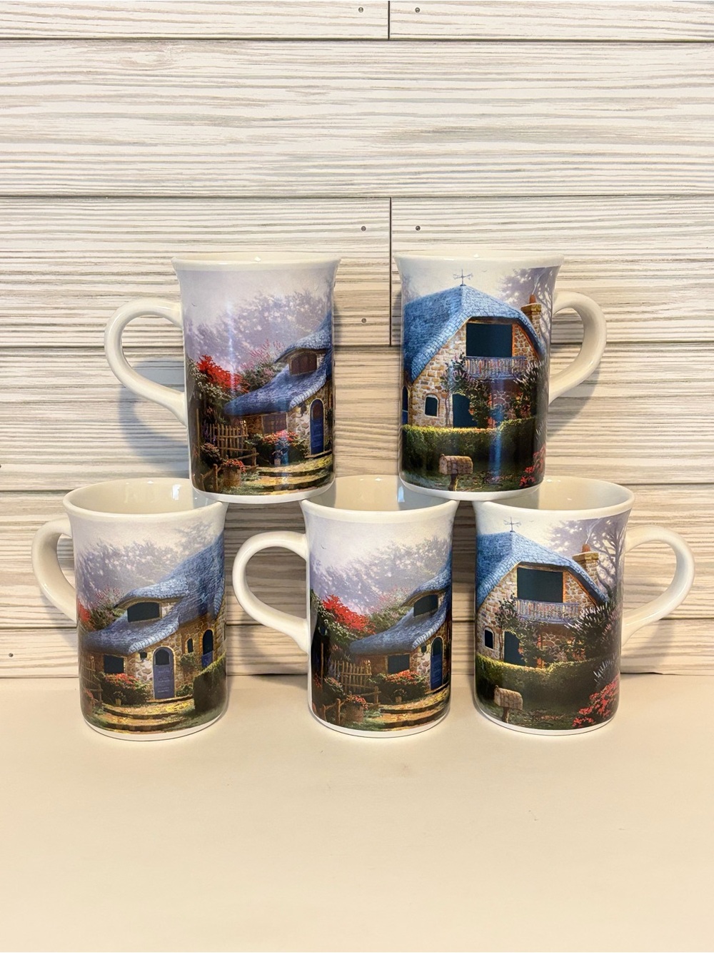 Thomas Kinkade Mugs Lilac Cottage Set of 5 Magic Heat Sensitive Coffee Cups 2004